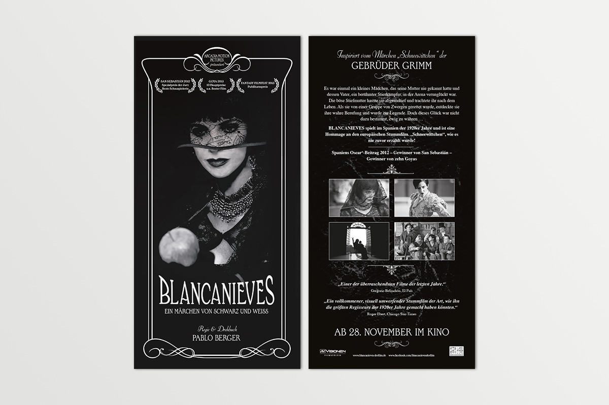 Kinoaushangbilder für den schwarzweiß Film Blancanieves